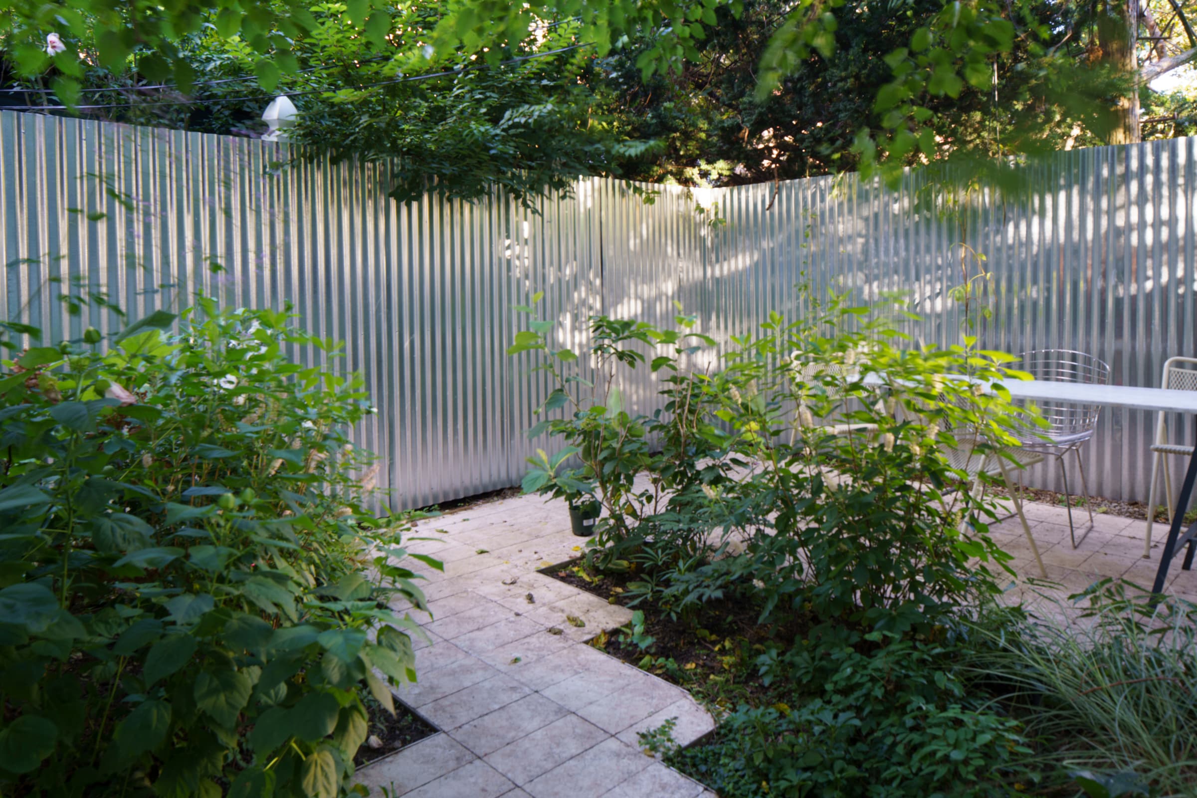 Young, newly planted garden along a limestone path beside a reflective corrugated metal fence with wire chairs and a table